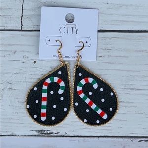 Candy Cane Faux Leather Christmas Drop Earrings